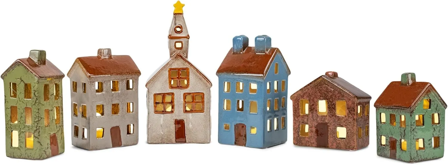 Mark Feldstein & Associates Village Houses and Church LED Tea Light Ceramic Stoneware Figurines 12 Piece Set