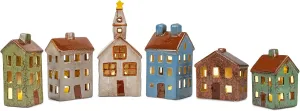 Mark Feldstein & Associates Village Houses and Church LED Tea Light Ceramic Stoneware Figurines 12 Piece Set