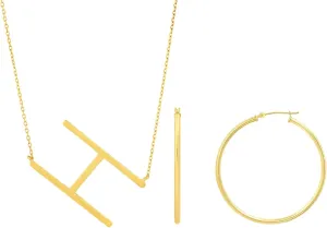 MAX   STONE 14k Gold Plated Sterling Silver Large Sideways Block Initial Letter H Pendant Necklace for Woman with 16 Inches to 18 Inches with Solid 14k Gold Hoop 40 mm Earrings for Women
