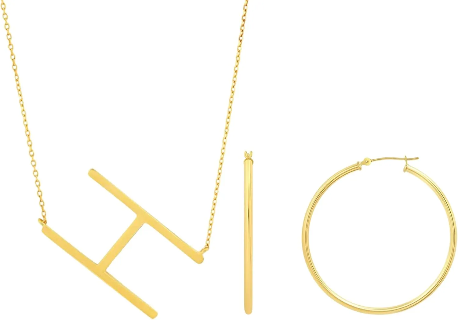 MAX   STONE 14k Gold Plated Sterling Silver Large Sideways Block Initial Letter H Pendant Necklace for Woman with 16 Inches to 18 Inches with Solid 14k Gold Hoop 40 mm Earrings for Women