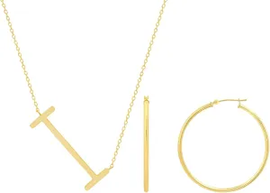 MAX   STONE 14k Gold Plated Sterling Silver Large Sideways Block Initial Letter I Pendant Necklace for Woman with 16 Inches to 18 Inches with Solid 14k Gold Hoop 40 mm Earrings for Women