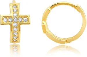 MAX   STONE Solid 10k Gold Hoop Earrings for Women with Cubic Zirconia Cross and Hinged Back 10 mm (0.39 inches) Yellow Huggie with CZ