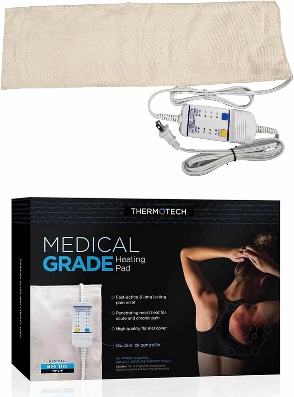 Medical Grade Heating pad with Automatic Moist Heat by Thermotech, High Heat Heating pad for Back Pain and Cramps - 2nd Gen Version (Mini Digital - 19" by 7")