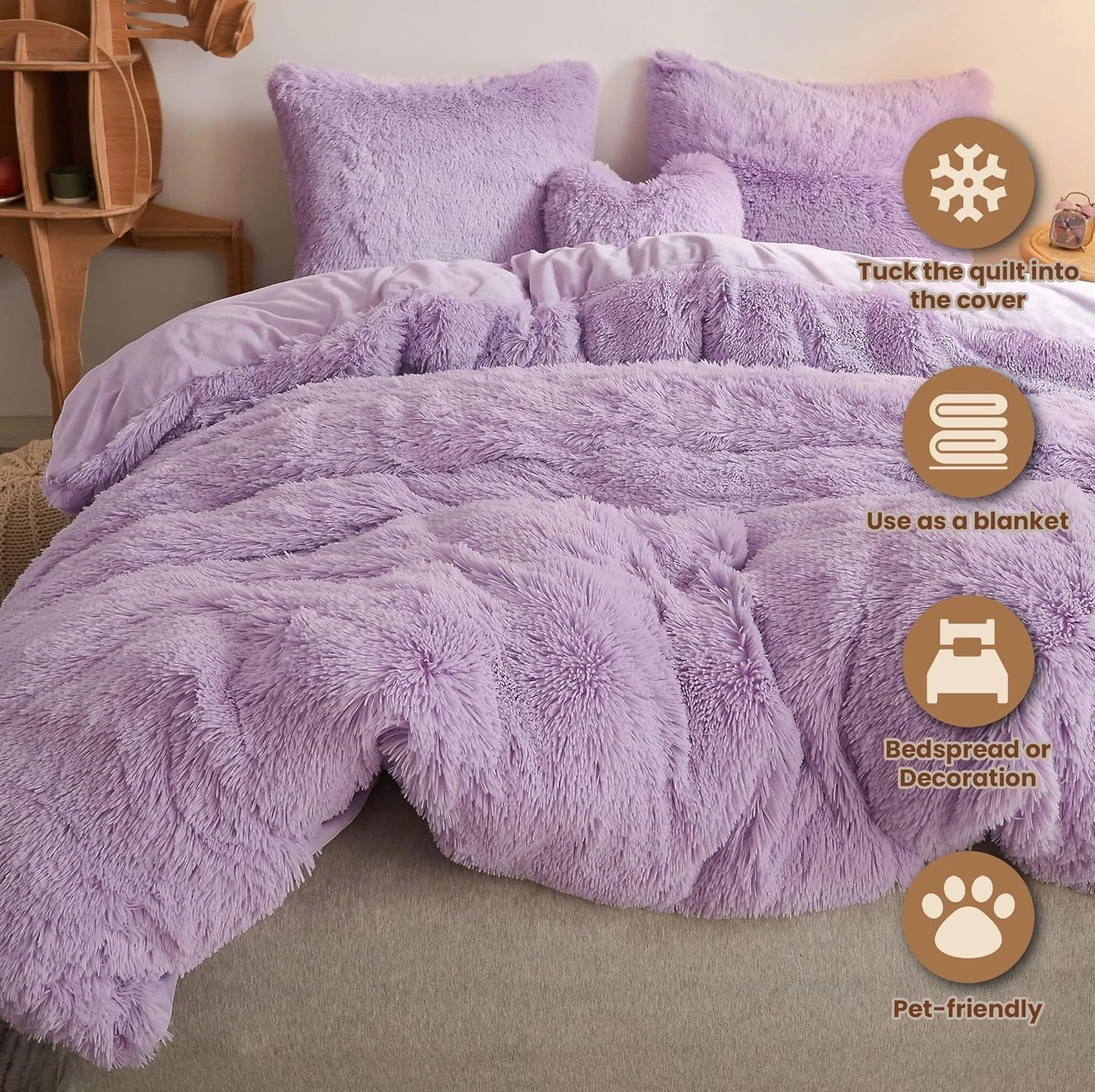 MEGO Luxury Shaggy Plush Duvet Cover Set, Soft 3 Pieces Fluffy Faux Fur Comforter Cover Set, Fuzzy Bedding Set Lavender Lilac(1 Furry Duvet Cover   2 Pillow Shams), Zipper Closure(Queen, Orchid)