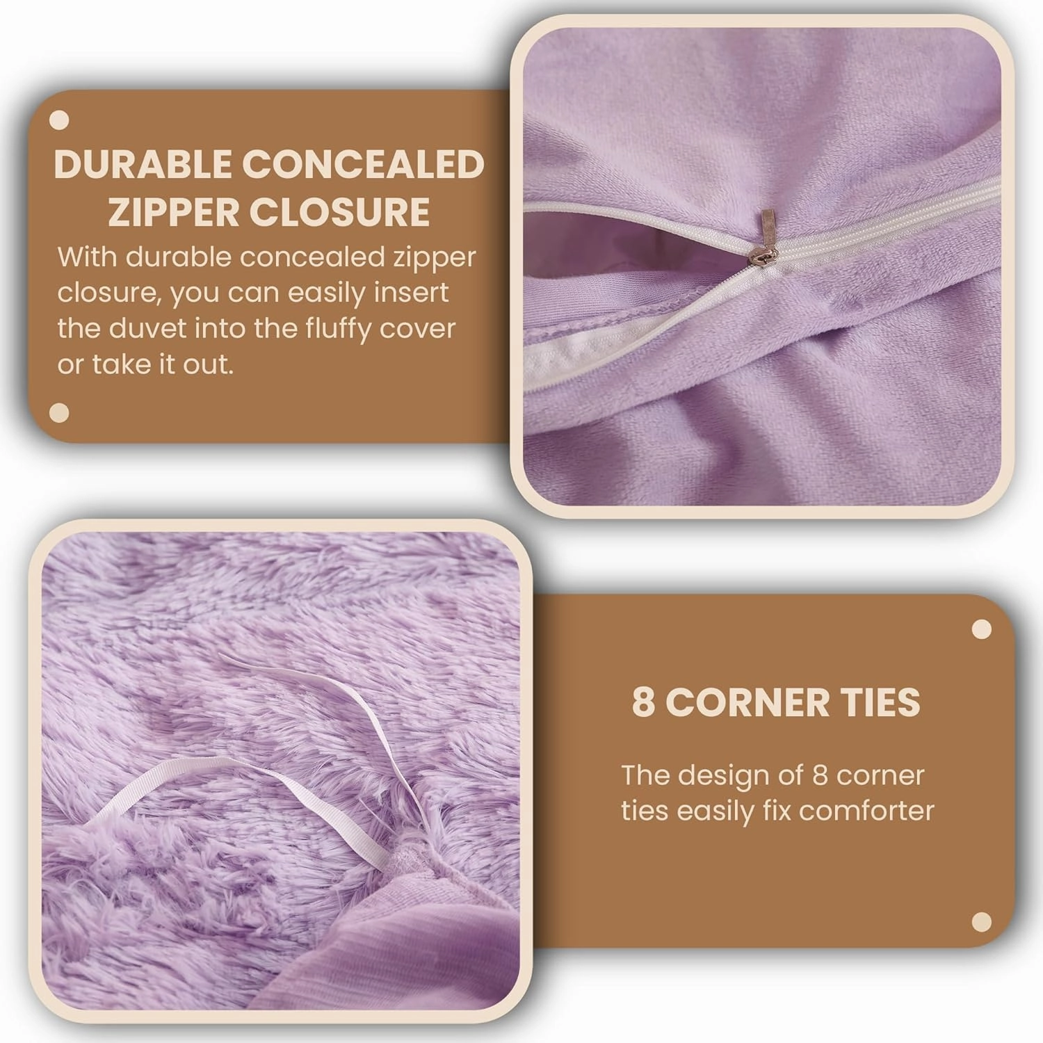 MEGO Luxury Shaggy Plush Duvet Cover Set, Soft 3 Pieces Fluffy Faux Fur Comforter Cover Set, Fuzzy Bedding Set Lavender Lilac(1 Furry Duvet Cover   2 Pillow Shams), Zipper Closure(Queen, Orchid)