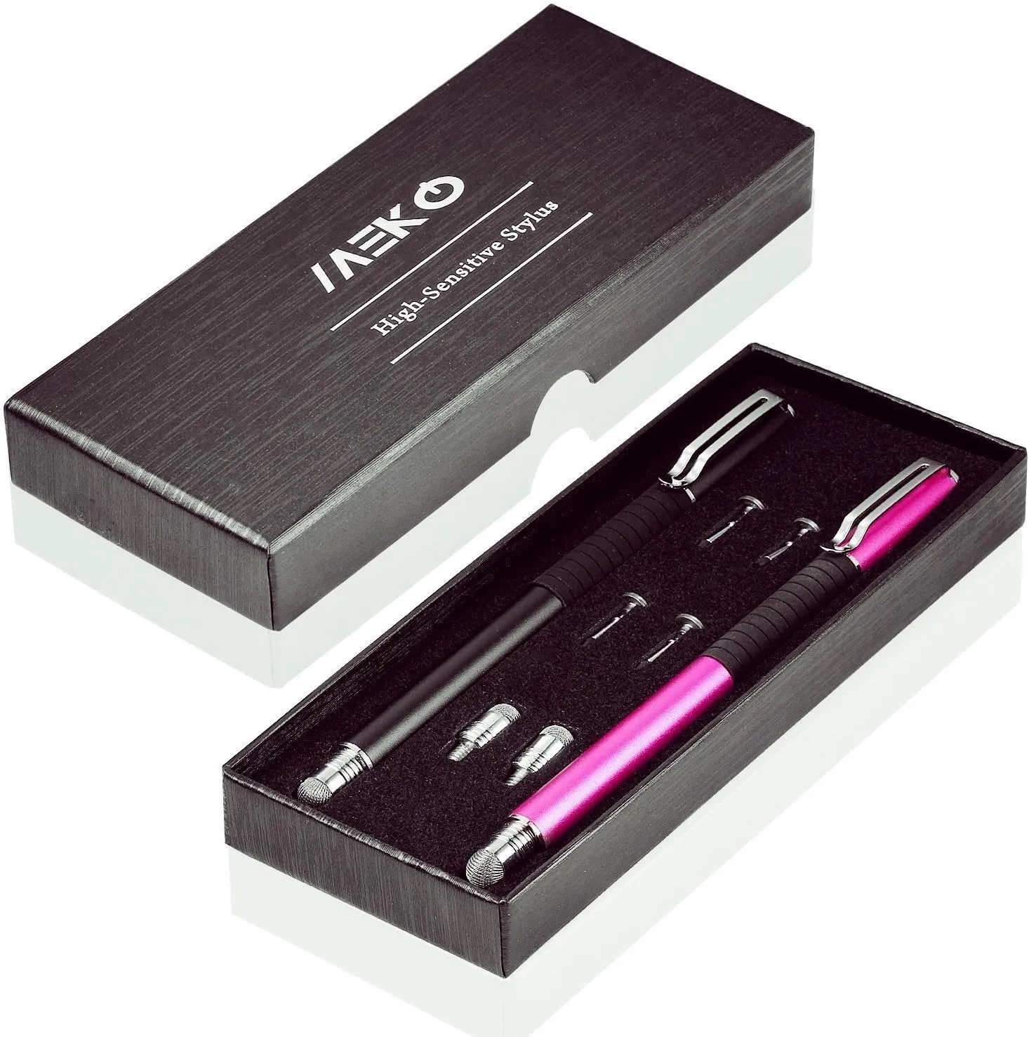 MEKO(2 Pcs)[2 in 1 Precision Series] Disc Stylus/Styli for All Touch Screen Devices Bundle with 4 Replaceable Disc Tips, 2 Replaceable Fiber Tips - (Black/Pink)