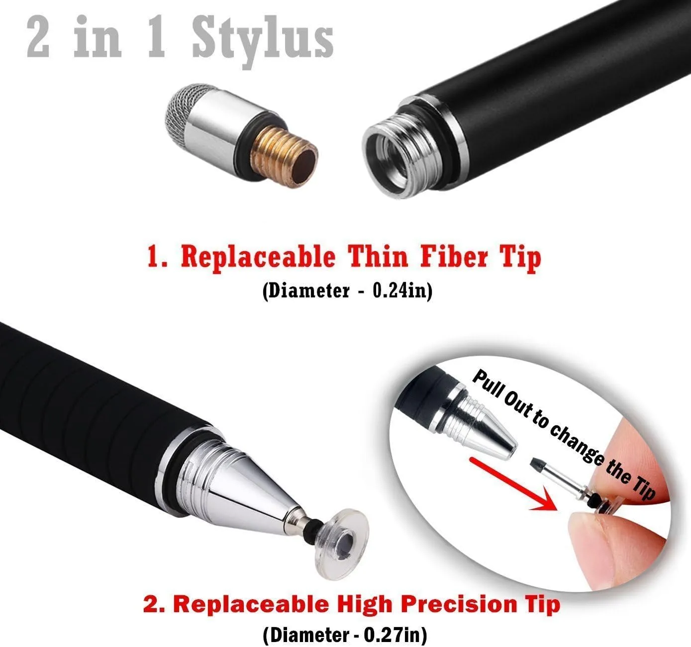 MEKO(2 Pcs)[2 in 1 Precision Series] Disc Stylus/Styli for All Touch Screen Devices Bundle with 4 Replaceable Disc Tips, 2 Replaceable Fiber Tips - (Black/Pink)
