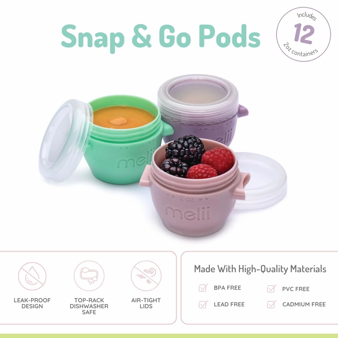 melii Snap & Go Baby Food Storage Containers - 12 Pack, Multicolored 2 oz Stackable Snack Containers, Freezer Safe with Airtight Lids, Microwave Safe BPA-Free for Meal Prep, On-the-Go Snacks