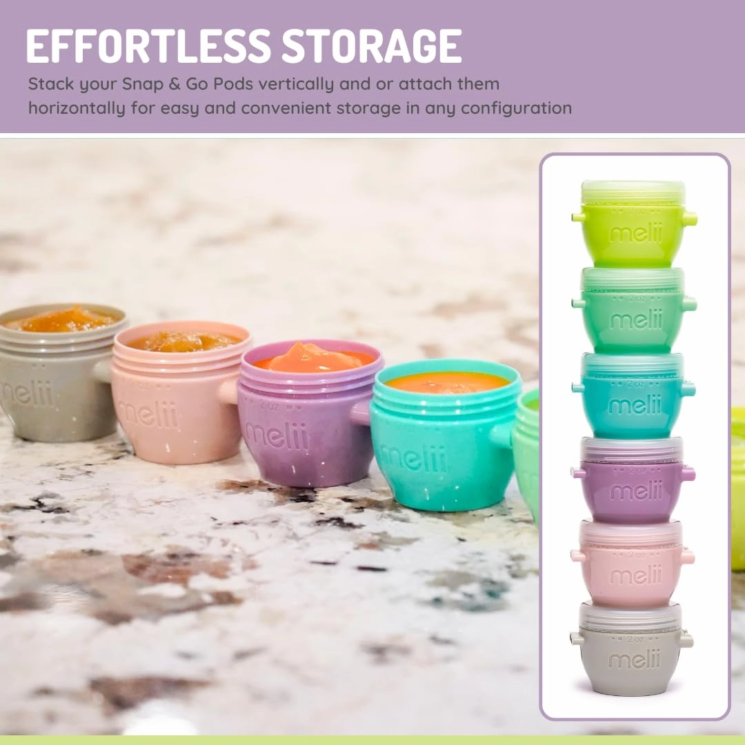 melii Snap & Go Baby Food Storage Containers - 12 Pack, Multicolored 2 oz Stackable Snack Containers, Freezer Safe with Airtight Lids, Microwave Safe BPA-Free for Meal Prep, On-the-Go Snacks