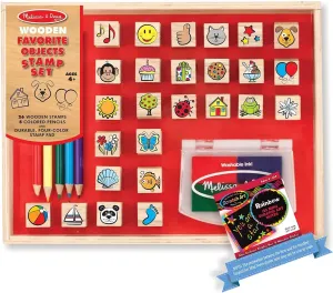 Melissa & Doug Favorite Things: Wooden Stamp Set Bundle with 1 Theme Compatible M&D Scratch A r t Mini-Pad (09362)