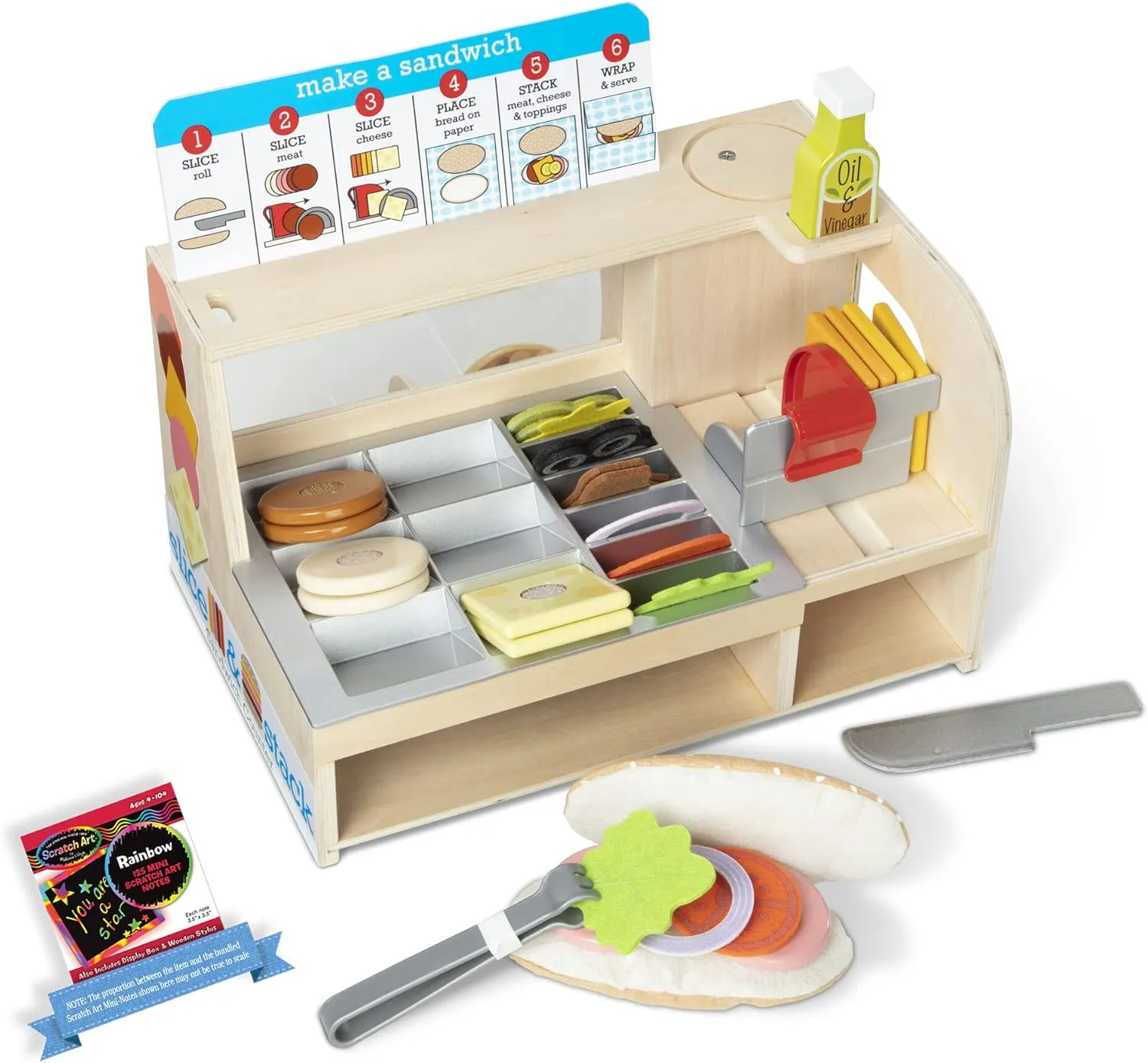 Melissa & Doug Slice & Stack S a n d w i c h Counter: Wooden Play Food Set Bundle with 1 Theme Compatible M&D Scratch Fun Mini-Pad (31650)
