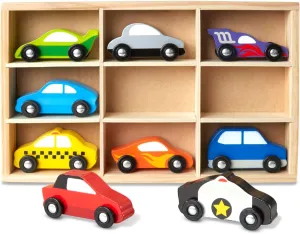 Melissa & Doug Wooden Cars Vehicle Set in Wooden Tray - 9 Pieces Toy Cars, Vehicle Toys For Toddlers And Kids Ages 3 