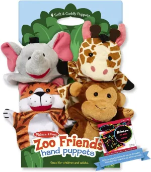 Melissa & Doug Zoo Friends: 4-Piece Hand Puppets Gift Set Bundle with 1 Theme Compatible M&D Scratch Fun Mini-Pad (09081)