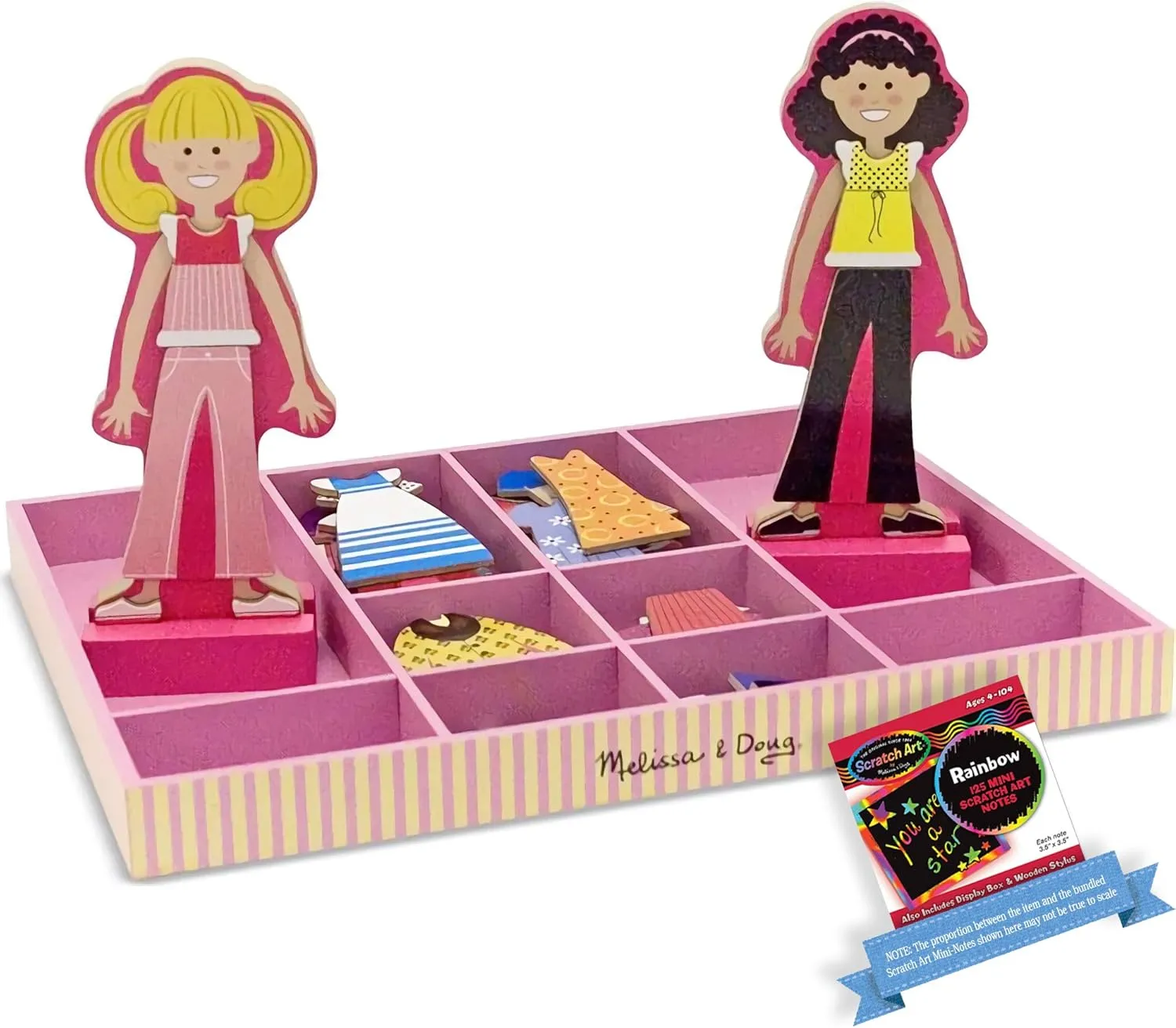 Melissa and Doug Abby and Emma: Dress Up Wooden Doll and Stand Play Set Bundle with 1 Theme Compatible M and D Scratch Art Mini-Pad (04940)