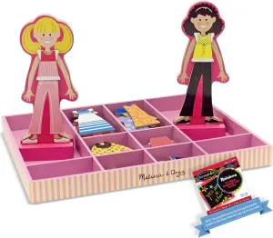 Melissa and Doug Abby and Emma: Dress Up Wooden Doll and Stand Play Set Bundle with 1 Theme Compatible M and D Scratch Art Mini-Pad (04940)
