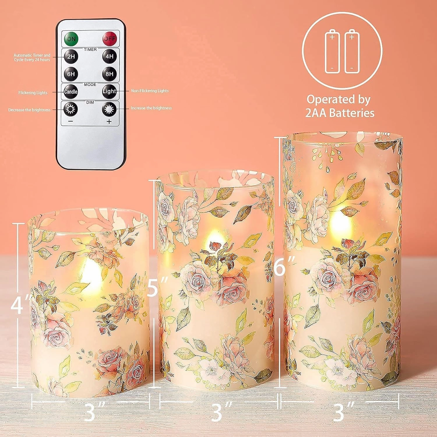 MELTONE Rose Flameless Candles Love Theme Glass Pink LED Candles with Remote - Home Wedding Bedroom Botanical Room Christmas Decor - Set of 3