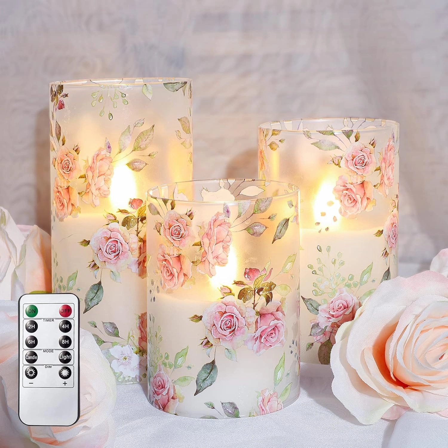 MELTONE Rose Flameless Candles Love Theme Glass Pink LED Candles with Remote - Home Wedding Bedroom Botanical Room Christmas Decor - Set of 3