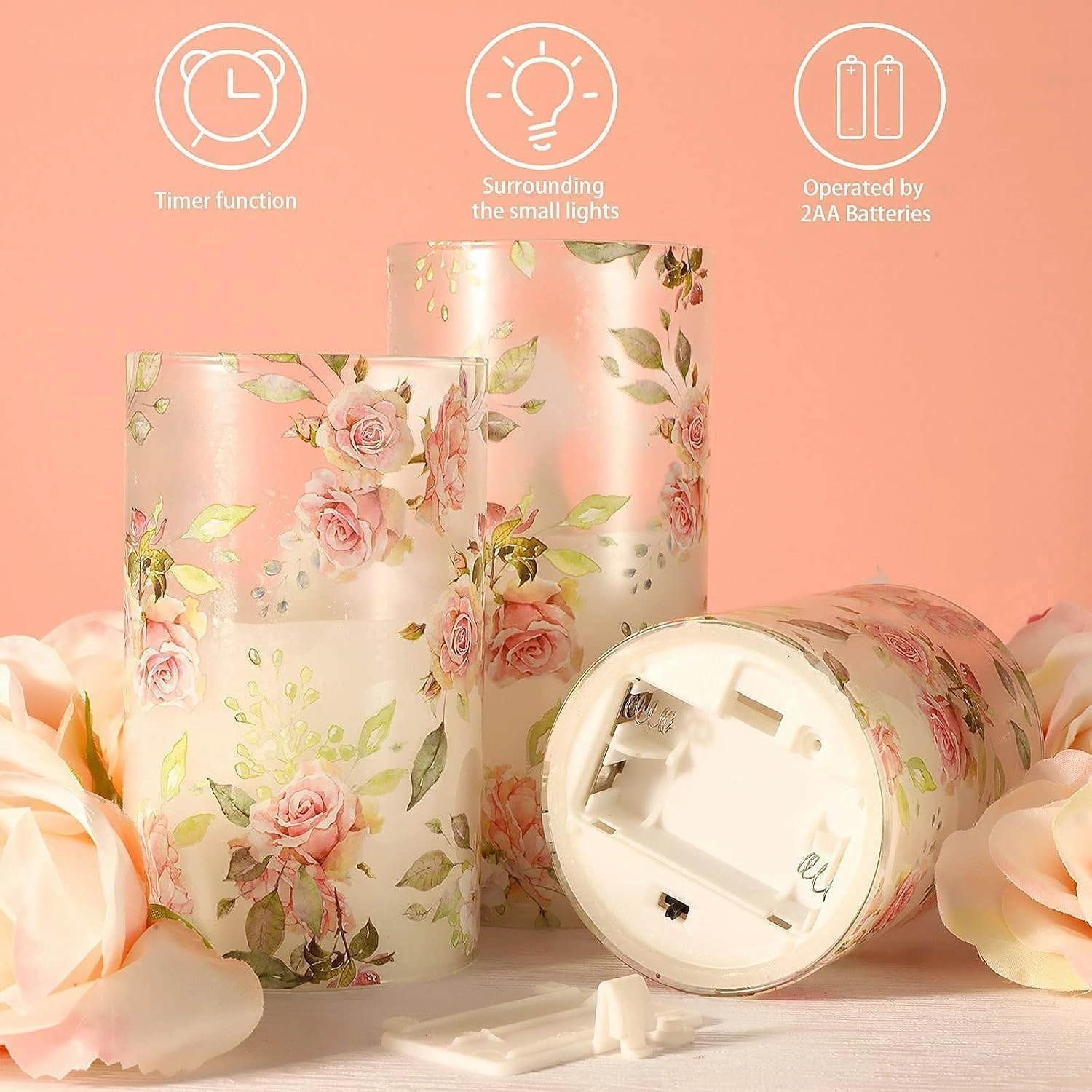 MELTONE Rose Flameless Candles Love Theme Glass Pink LED Candles with Remote - Home Wedding Bedroom Botanical Room Christmas Decor - Set of 3
