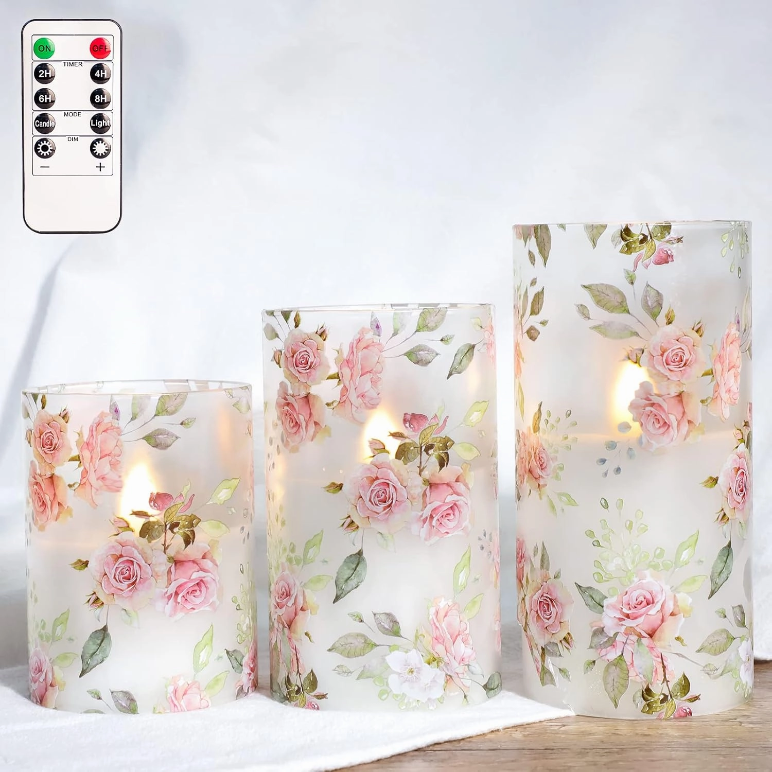 MELTONE Rose Flameless Candles Love Theme Glass Pink LED Candles with Remote - Home Wedding Bedroom Botanical Room Christmas Decor - Set of 3