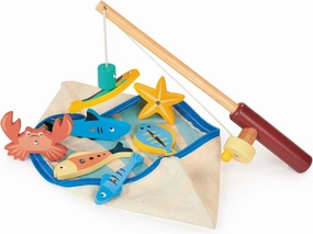 Mentari Toys - Fishing Game - 9pc Magnetic Wooden Fishing Game for Toddlers and Preschoolers - Magnetic Wood Rod, Sea Creatures and Fabric Bag - Boost Fine Motor Skills, Hand-Eye Coordination - Age 3 