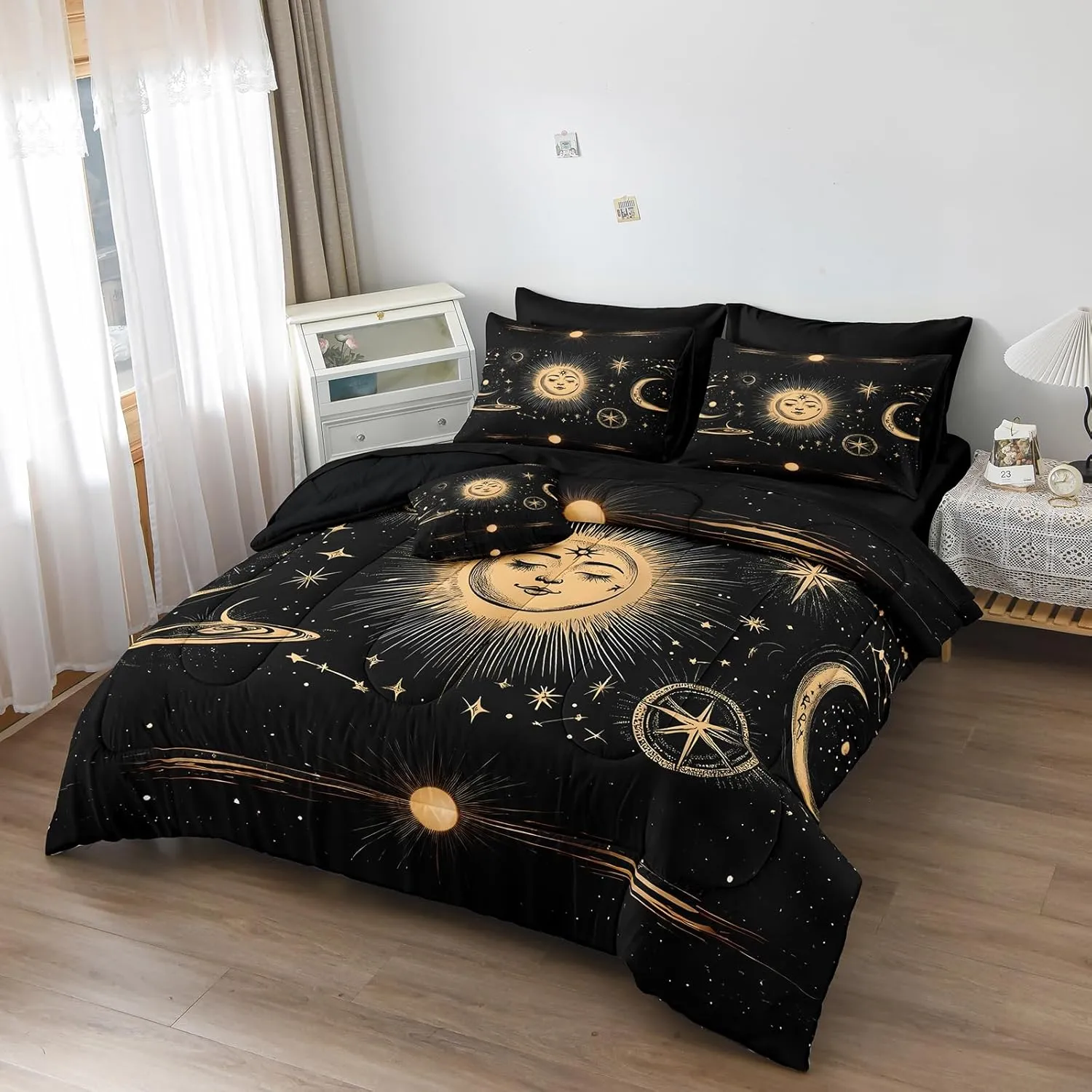 Merryword Sun and Moon Comforter Set King Size 8 Pcs Bed in A Bag Universe Galaxy Bedding Comforter Set Bohemian Gothic Comforter Set