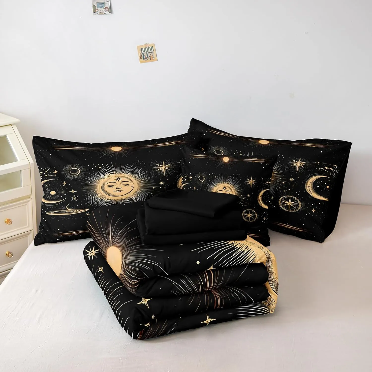 Merryword Sun and Moon Comforter Set King Size 8 Pcs Bed in A Bag Universe Galaxy Bedding Comforter Set Bohemian Gothic Comforter Set