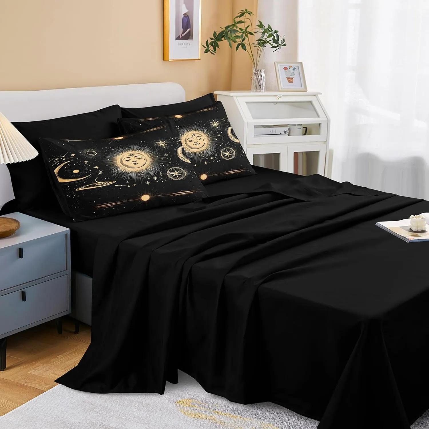 Merryword Sun and Moon Comforter Set King Size 8 Pcs Bed in A Bag Universe Galaxy Bedding Comforter Set Bohemian Gothic Comforter Set