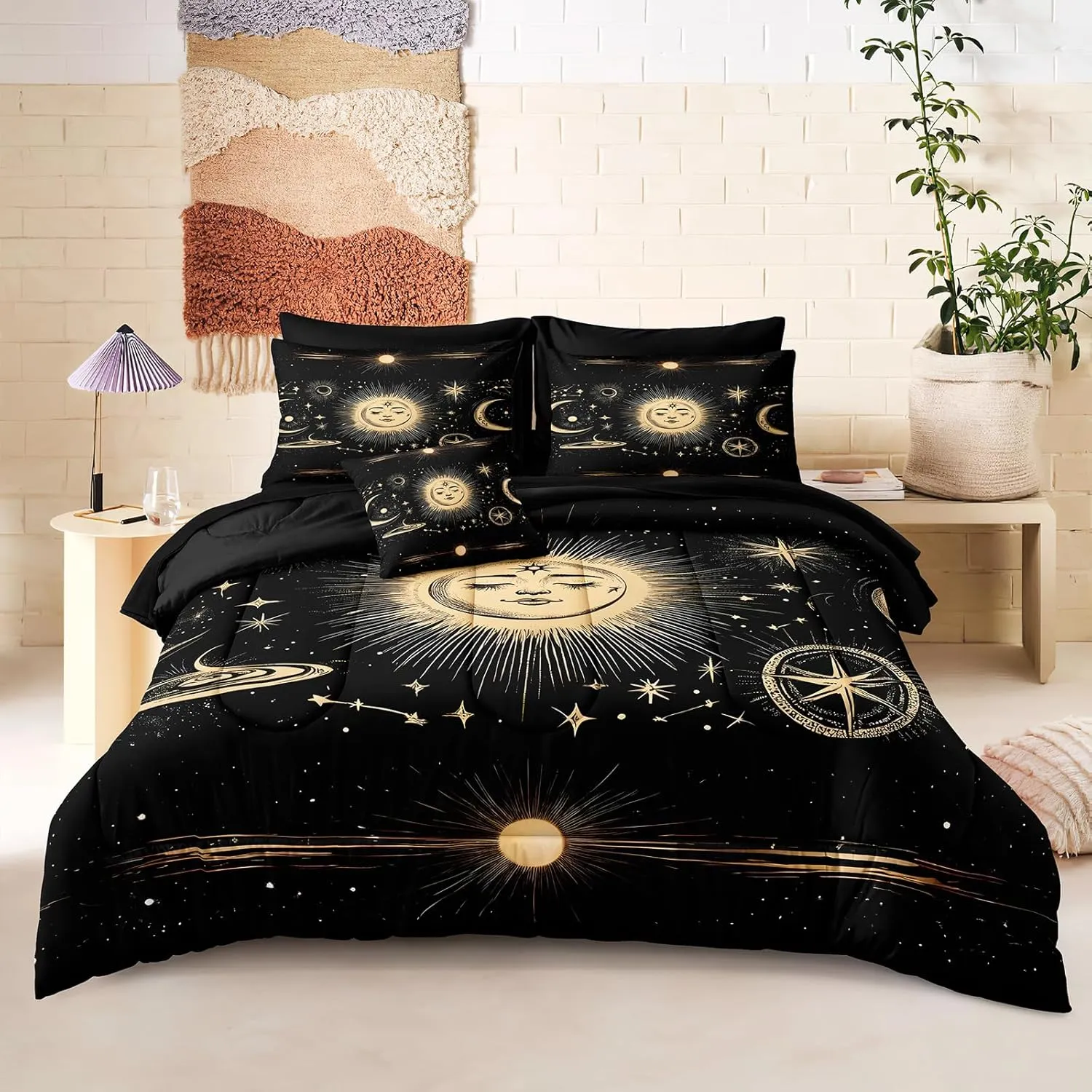 Merryword Sun and Moon Comforter Set King Size 8 Pcs Bed in A Bag Universe Galaxy Bedding Comforter Set Bohemian Gothic Comforter Set