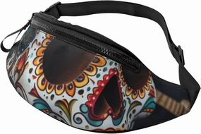 Mexican Skull Printed Bumbag Waist Bag for Men Women Adjustable Belt Fanny Pack with Headphone Hole for Travel,Hiking,Sport,Cycling, Black, One Size, Hiking Backpack