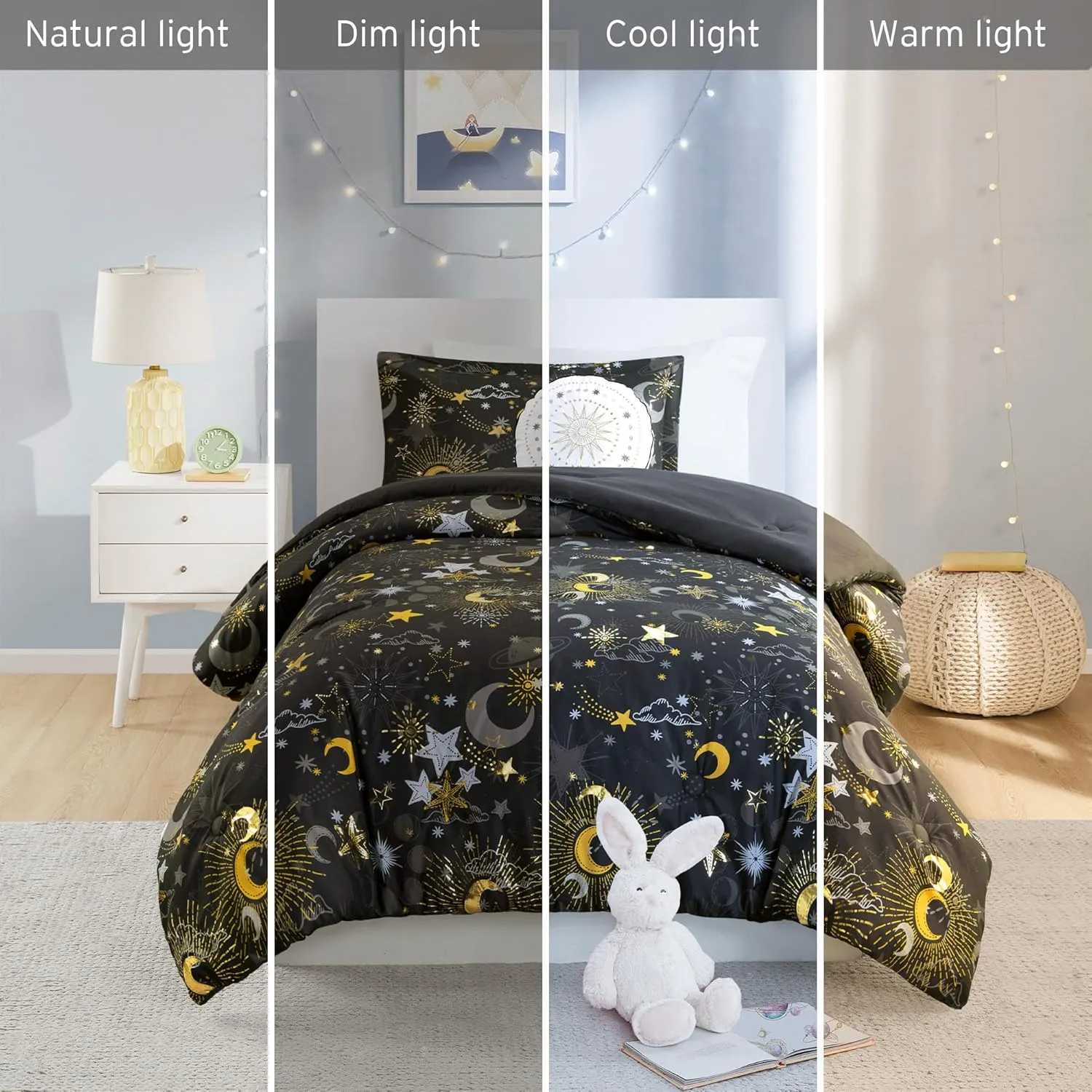 MI ZONE KIDS Twin Comforter Set, Celestial Metallic Comforter Set Starry Sky, Moon & Sun Comforter, All Seasons Lightweight & Fluffy Comforter Bed Set, 1 Sham, Celia, Twin Charcoal/Gold 3 Piece