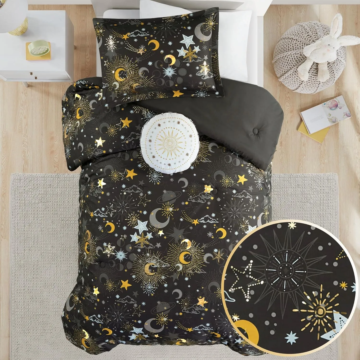 MI ZONE KIDS Twin Comforter Set, Celestial Metallic Comforter Set Starry Sky, Moon & Sun Comforter, All Seasons Lightweight & Fluffy Comforter Bed Set, 1 Sham, Celia, Twin Charcoal/Gold 3 Piece
