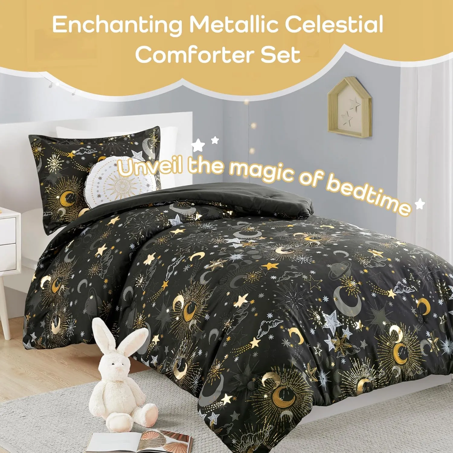 MI ZONE KIDS Twin Comforter Set, Celestial Metallic Comforter Set Starry Sky, Moon & Sun Comforter, All Seasons Lightweight & Fluffy Comforter Bed Set, 1 Sham, Celia, Twin Charcoal/Gold 3 Piece