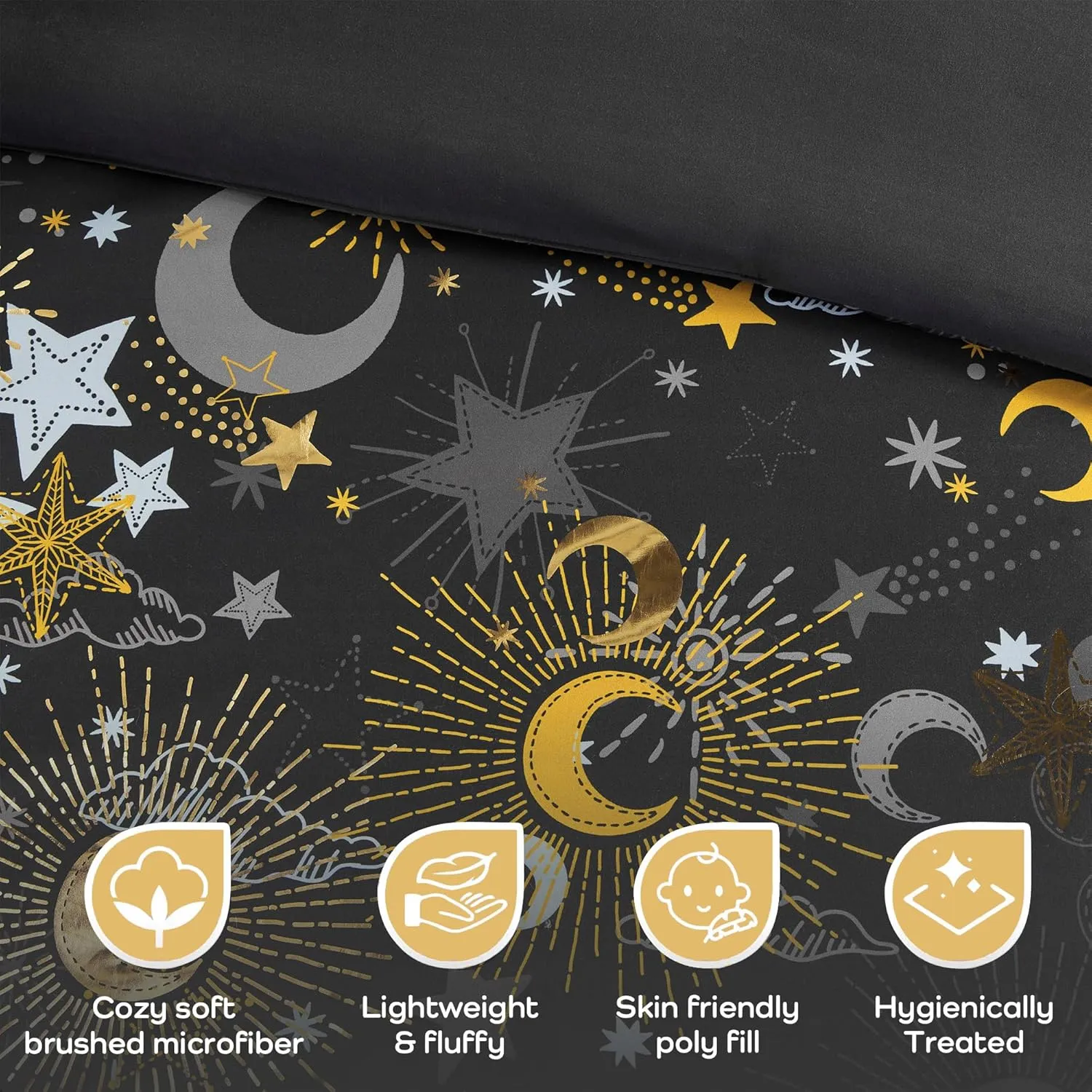 MI ZONE KIDS Twin Comforter Set, Celestial Metallic Comforter Set Starry Sky, Moon & Sun Comforter, All Seasons Lightweight & Fluffy Comforter Bed Set, 1 Sham, Celia, Twin Charcoal/Gold 3 Piece