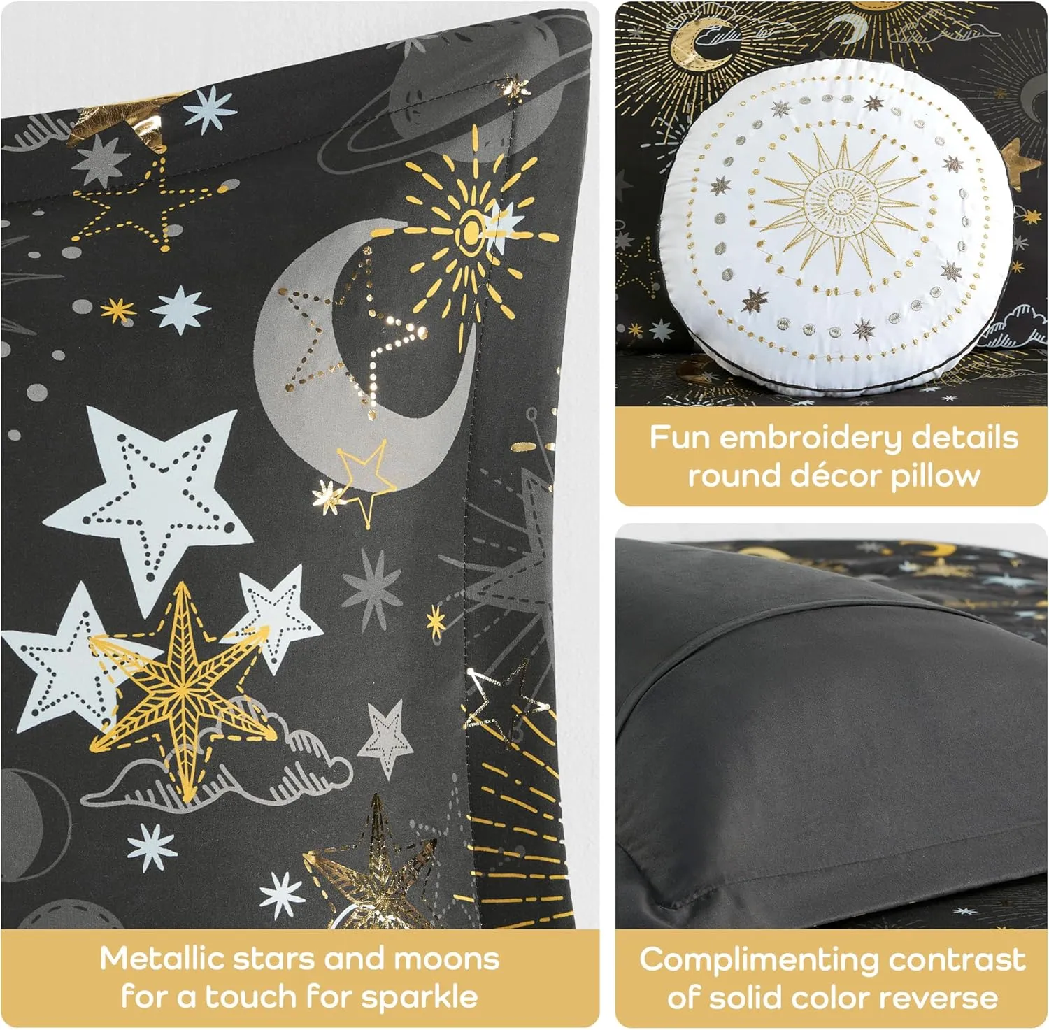 MI ZONE KIDS Twin Comforter Set, Celestial Metallic Comforter Set Starry Sky, Moon & Sun Comforter, All Seasons Lightweight & Fluffy Comforter Bed Set, 1 Sham, Celia, Twin Charcoal/Gold 3 Piece
