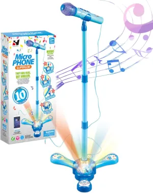 Microphone for Kids Karaoke Machine with Flashing Lights and Adjustable Stand Fun Musical Effects Kids Microphone and Stand for Musical Toys Blue