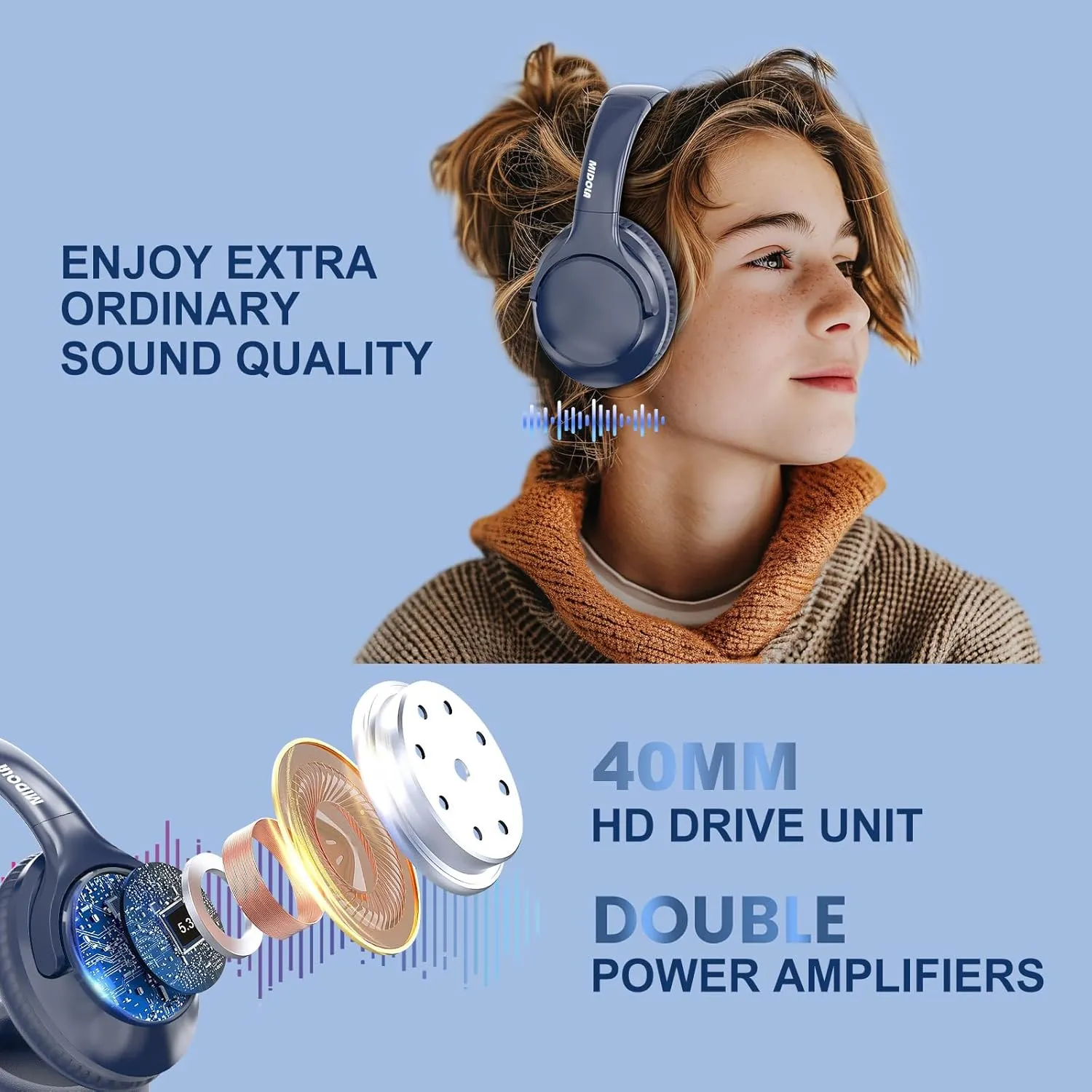 MIDOLA Bluetooth Headphones Over Ear 68H Playtime 6 EQ Wireless Headset with Microphone HiFi Stereo Foldable Lightweight Deep Bass for Travel Home Office Cellphone Blue