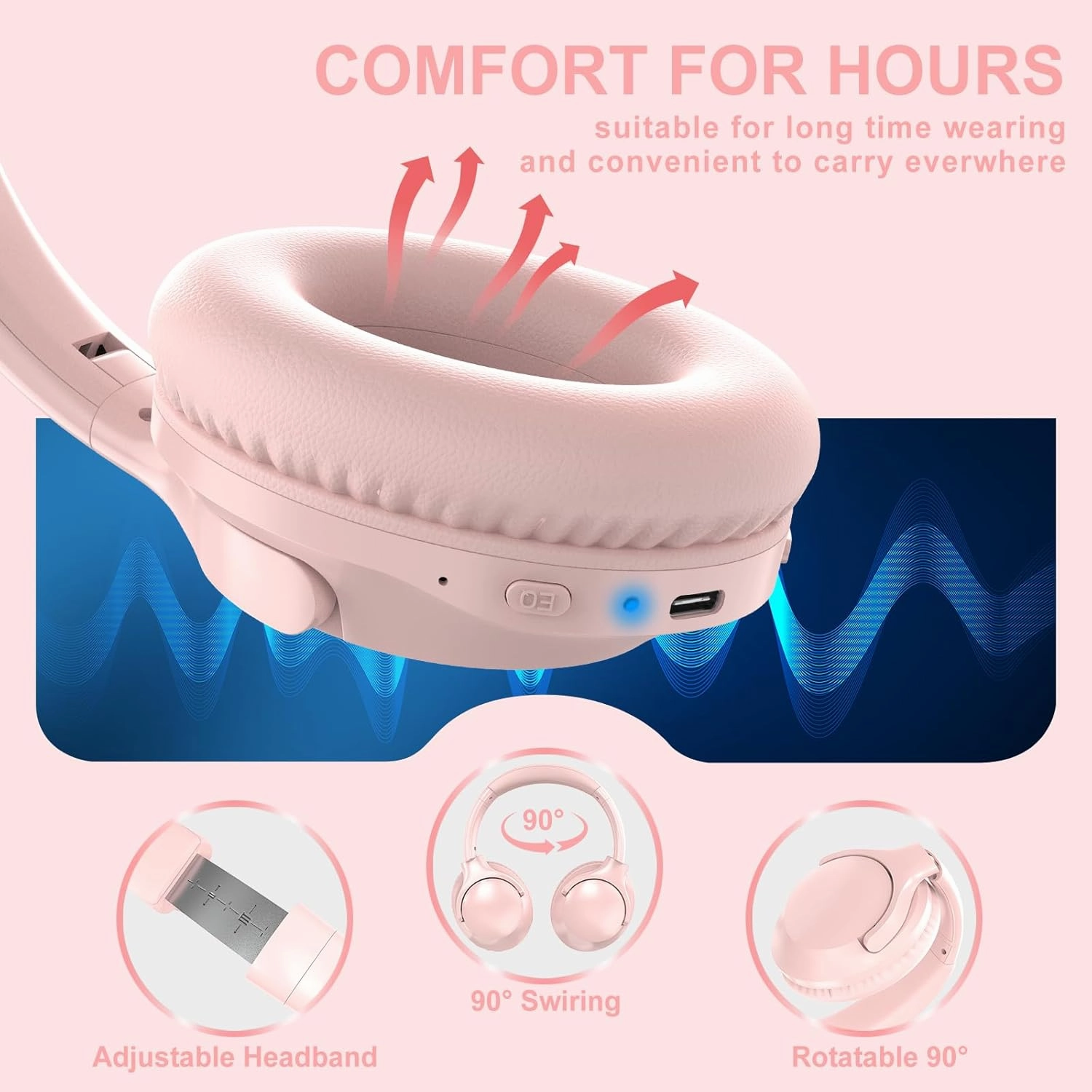 MIDOLA Bluetooth Headphones Over Ear 68H Playtime 6 EQ Wireless Headset with Microphone HiFi Stereo Foldable Lightweight Deep Bass for Travel Home Office Cellphone Pink