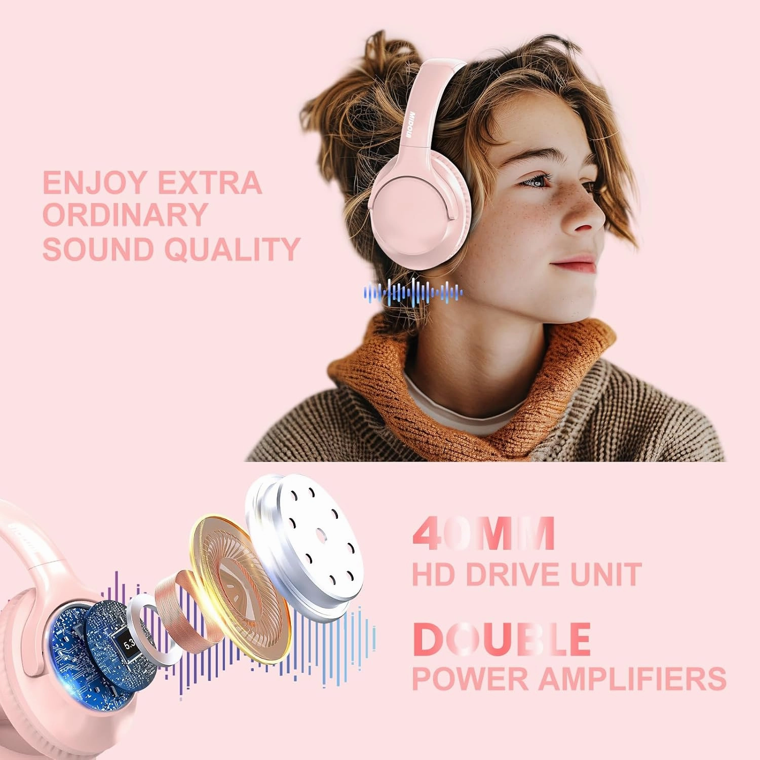 MIDOLA Bluetooth Headphones Over Ear 68H Playtime 6 EQ Wireless Headset with Microphone HiFi Stereo Foldable Lightweight Deep Bass for Travel Home Office Cellphone Pink