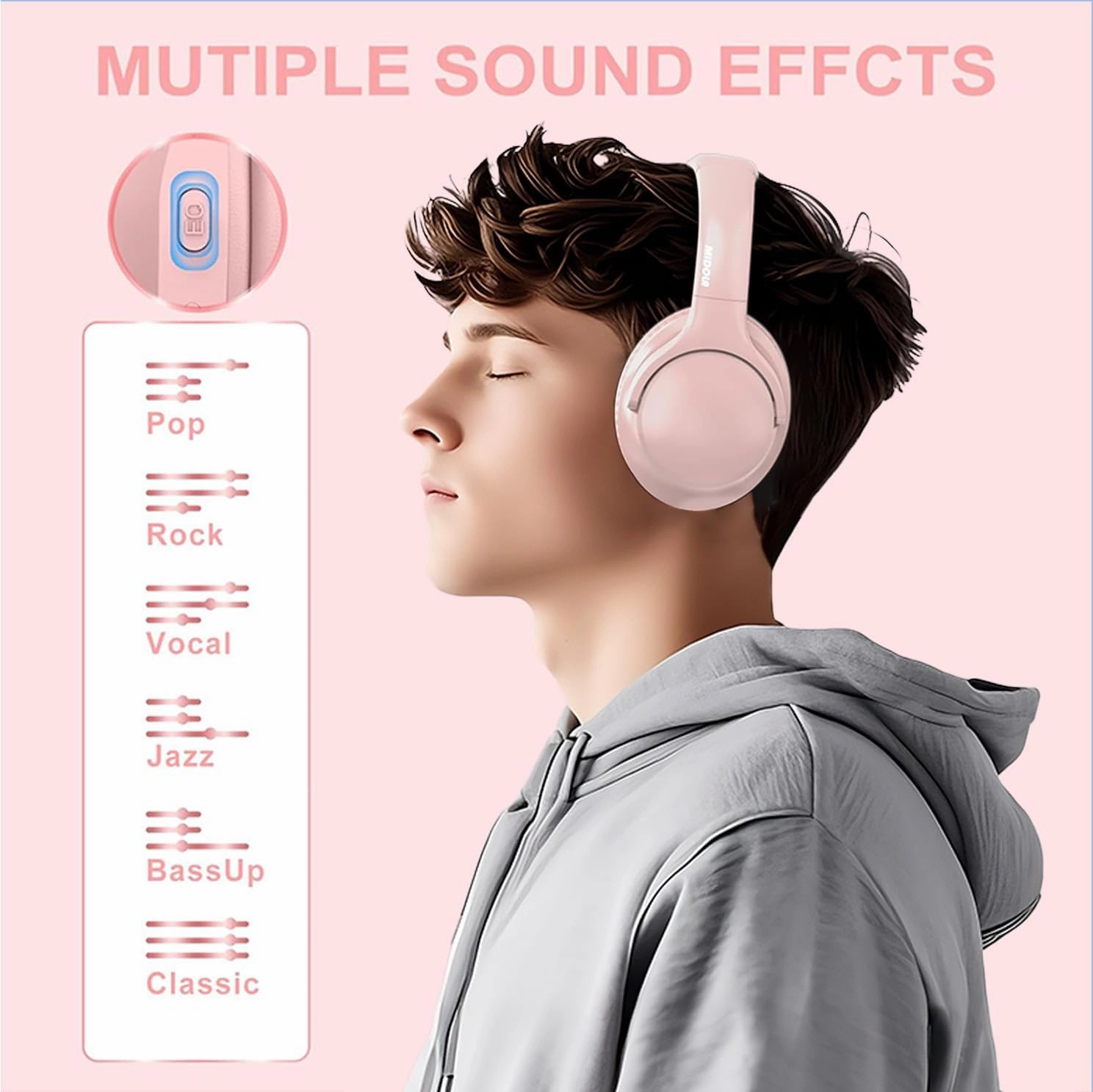 MIDOLA Bluetooth Headphones Over Ear 68H Playtime 6 EQ Wireless Headset with Microphone HiFi Stereo Foldable Lightweight Deep Bass for Travel Home Office Cellphone Pink