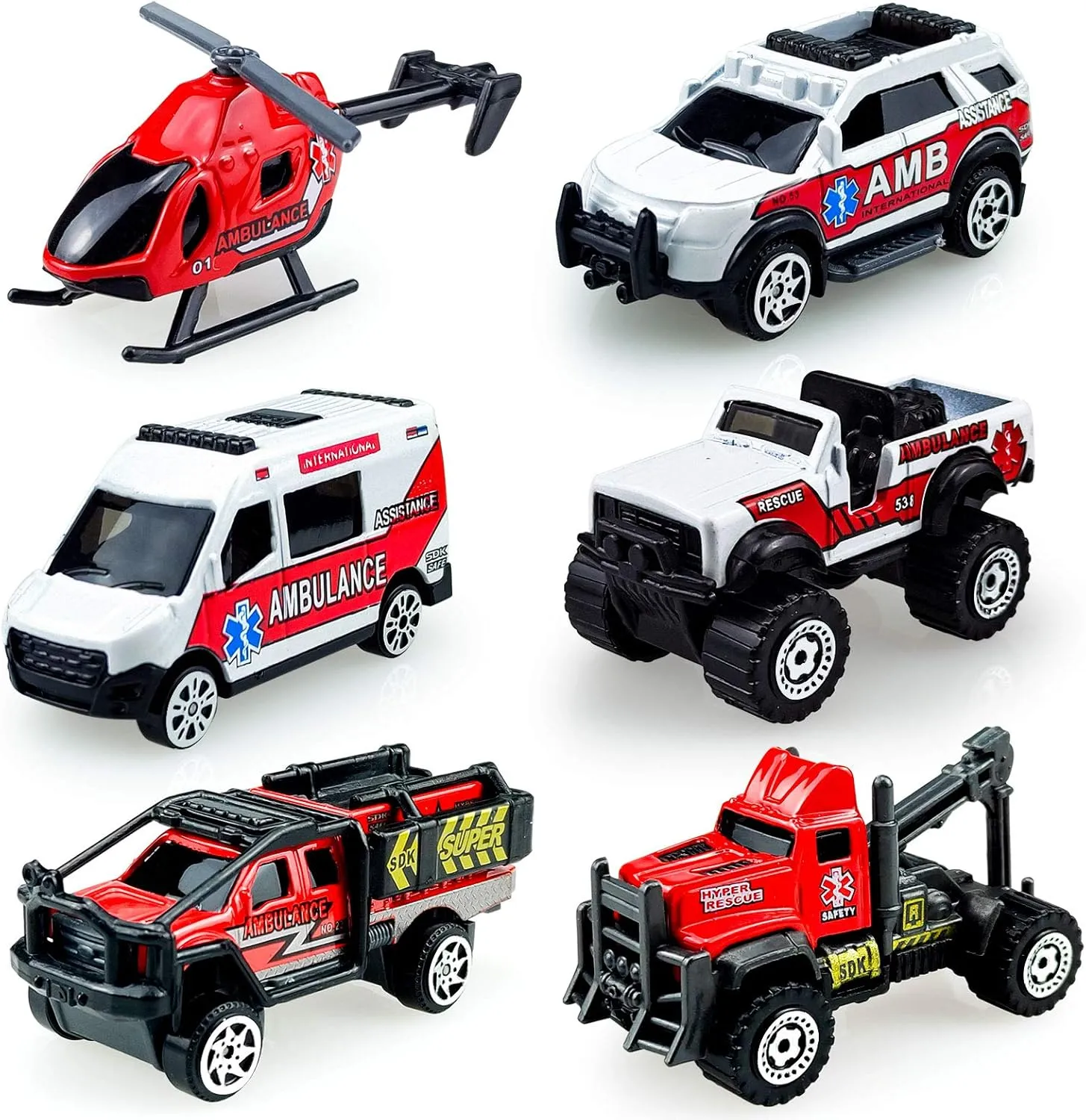 Mini Diecast Emergency Rescue Vehicle Car Set ,6 Pack Emergency Rescue Vehicle Car Ambulance Helicopters Toys for Toddlers Ages 1 2 3-5 6 Birthday Stocking Stuffers for Kids Gifts