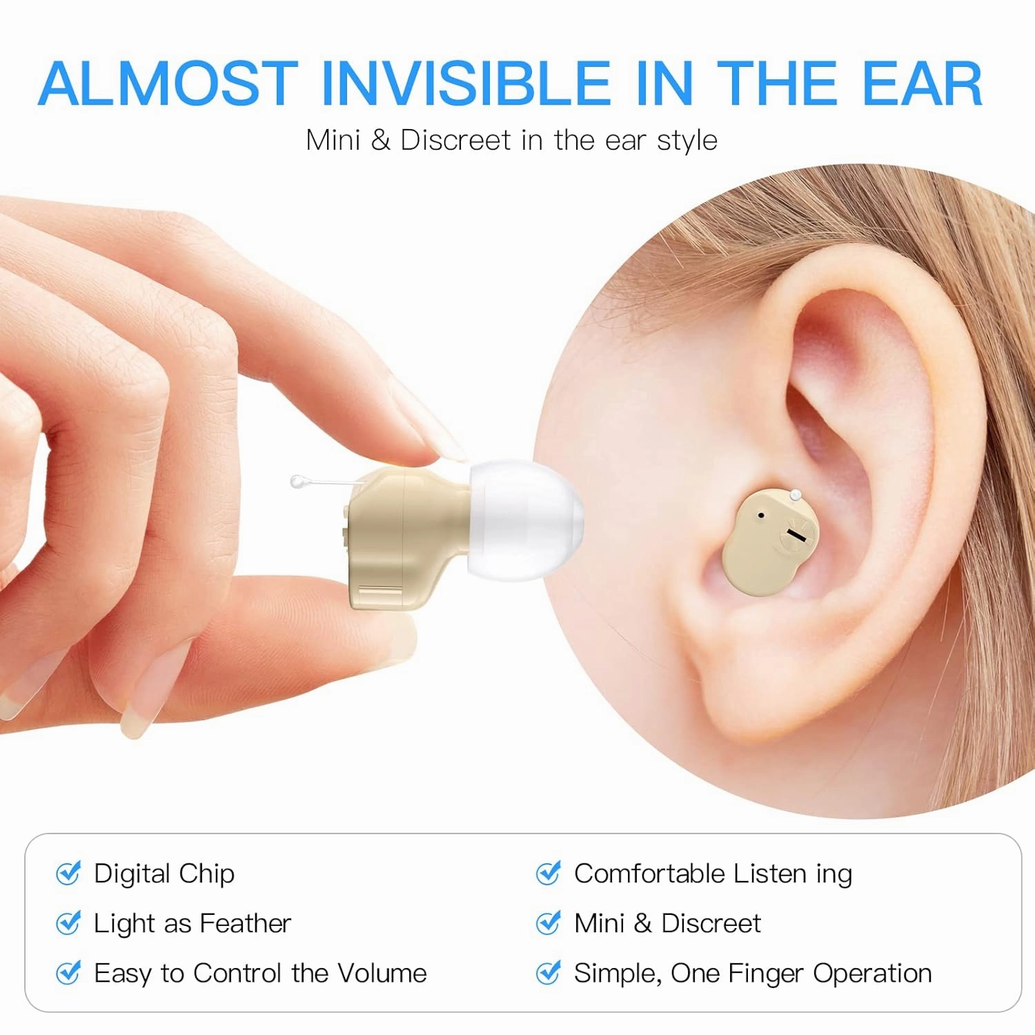 Mini Sound Amplifier, Ear Sound Enhancer, Noise Reduction, Enhanced Speech, Feedback Cancellation, Suitable for Adults, Elderly, Children, Left and Right Ears (3-Year Warranty)
