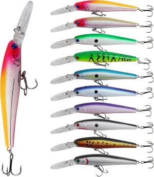Minnow Fishing Lures Hard Baits, 10pcs Lifelike Swimbaits for Bass Fishing Diving Jerkbait Sinking Lures with Treble Hooks for Walleye Trout Catfish Redfish Pike Saltwater Freshwater