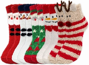 MISS FANTASY Christmas Fuzzy Socks Women, 5 Pairs Colorful Warm Fluffy Christmas Socks Adults Christmas Gifts Winter Thermal Christmas Holiday Socks Warm Cozy Coral Fleece Xmas Socks for Winter Indoor