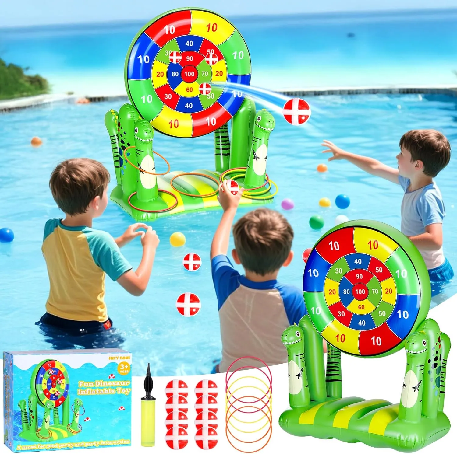 Mity rain Pool Games for Kids 2-in-1 Floating Dart Board & Toss Ring Set with 8 Felt Balls, Inflatable Pool Toys for Toddlers & Teens, Fun Outdoor Water Games for Pools, Beach & Backyard Play