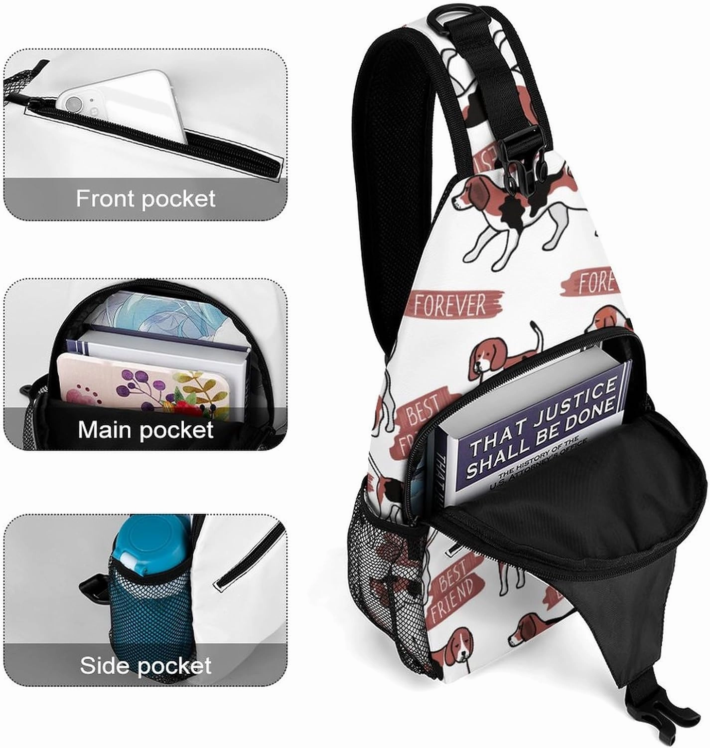 MoBlinko Funny Beagle Dogs Sling Bag for Women Cartoon Puppy Adjustable Crossbody Sling Backpack Chest Bag for Travel