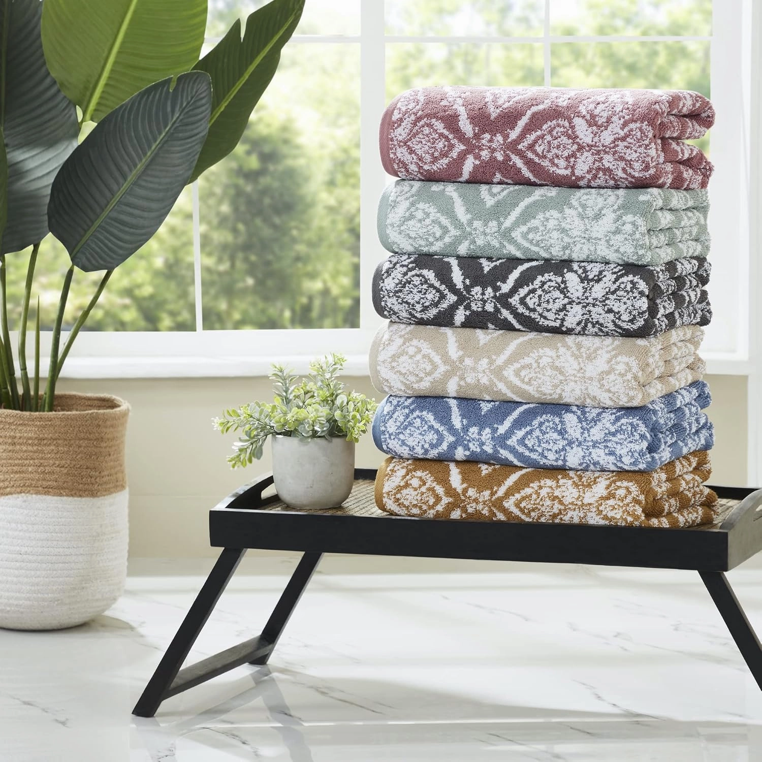 Modern Threads Amaris 6-Piece Reversible Yarn Dyed Jacquard Towel Set - Bath Towels, Hand Towels, & Washcloths - Super Absorbent & Quick Dry - 100% Combed Cotton, Denim