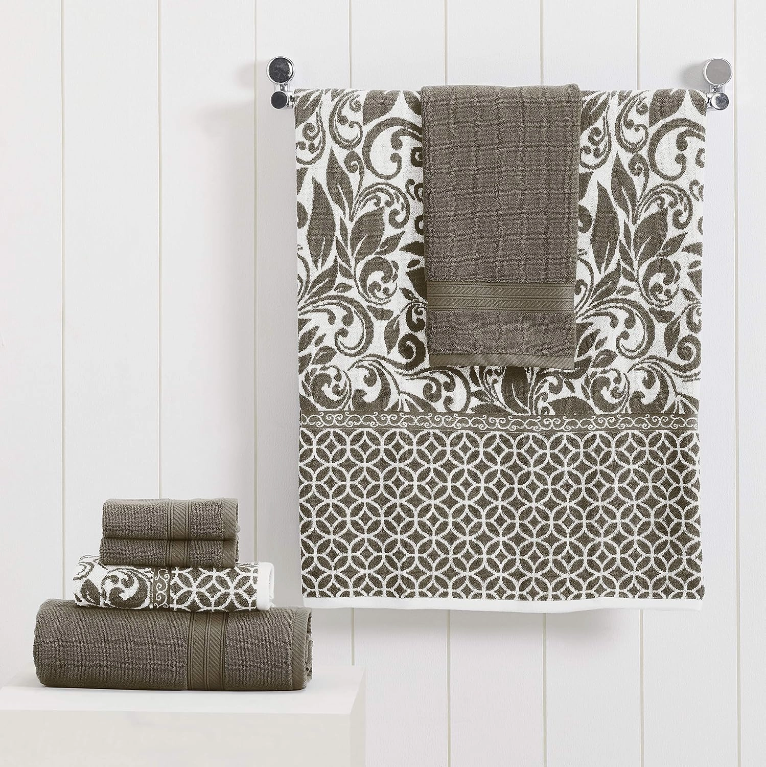 Modern Threads Trefoil Filigree 6-Piece Reversible Yarn Dyed Jacquard Towel Set - Bath Towels, Hand Towels, & Washcloths - Super Absorbent & Quick Dry - 100% Combed Cotton