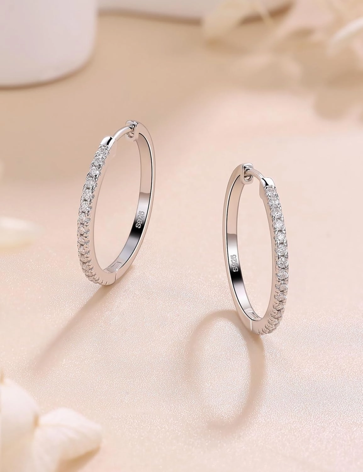Moissanite Hoop Earrings for Women S925 Sterling Silver Channel Set 18K White Gold Plated Hypoallergenic Large Thick Huggie Loops Lightweight Moissanite Earrings 15-30mm