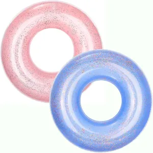 MoKo Swim Rings with Glitter, 90cm Diameter Inflatable Pool Float Swimming Pool Float Tube Round Shaped Swimming Tube Water Fun Beach Pool Toys for Summer Party for Kids Adults - Blue & Rose Gold