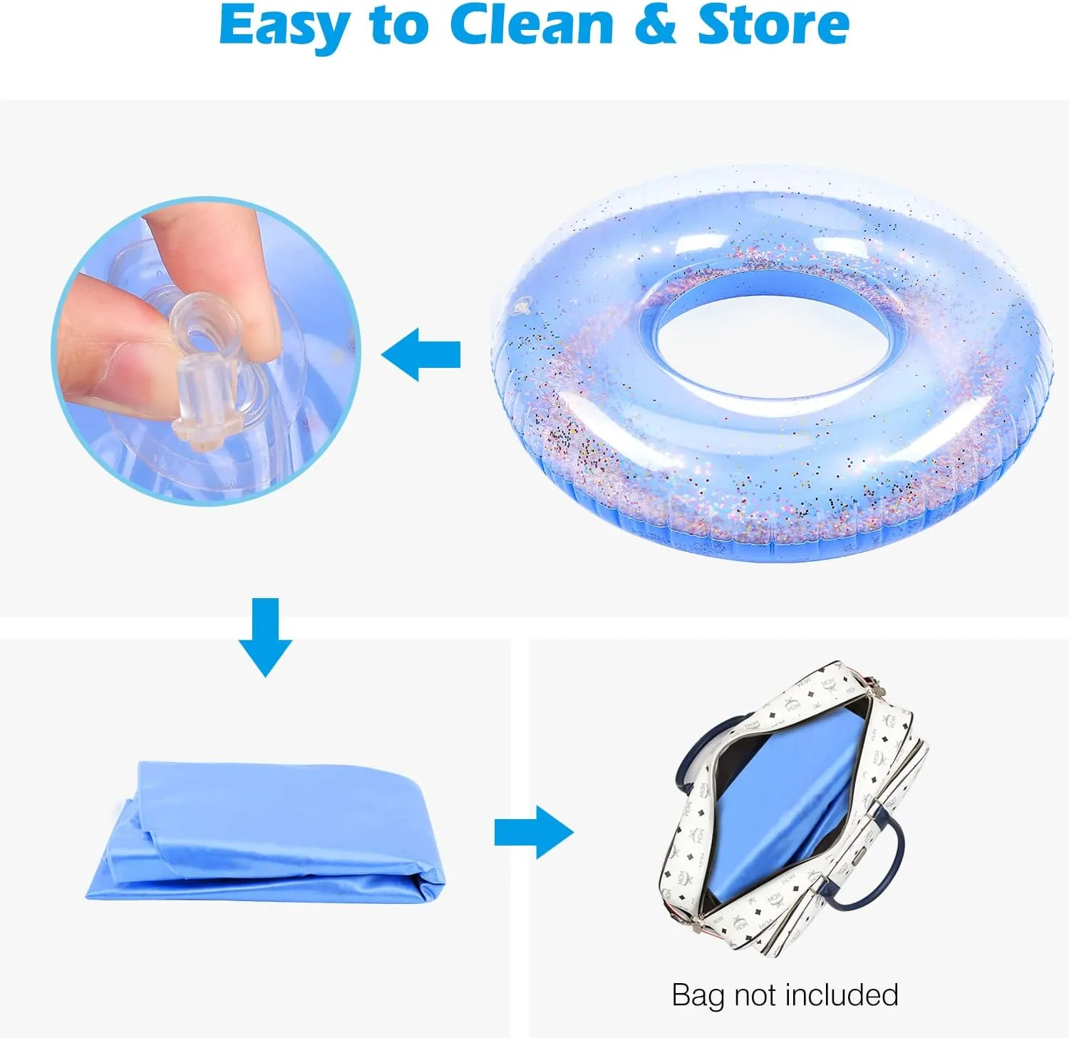 MoKo Swim Rings with Glitter, 90cm Diameter Inflatable Pool Float Swimming Pool Float Tube Round Shaped Swimming Tube Water Fun Beach Pool Toys for Summer Party for Kids Adults - Blue & Rose Gold